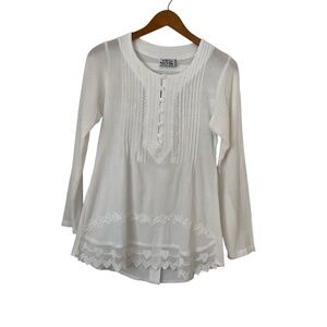 American South Side Embroided Blouse SzS White Hearts Romantic Peasant Boho Chic